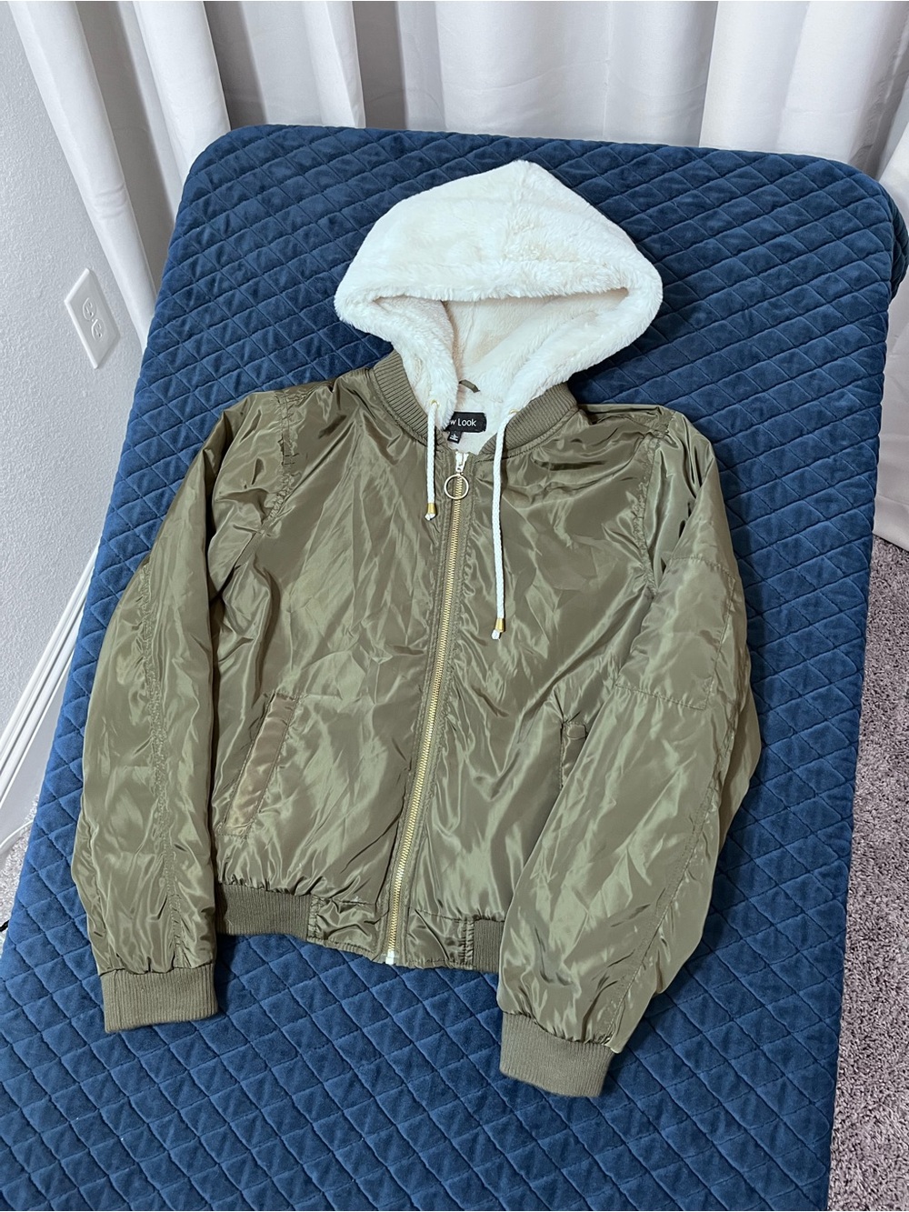 New Look Olive Green Bomber Jacket with White Faux Fur Hood